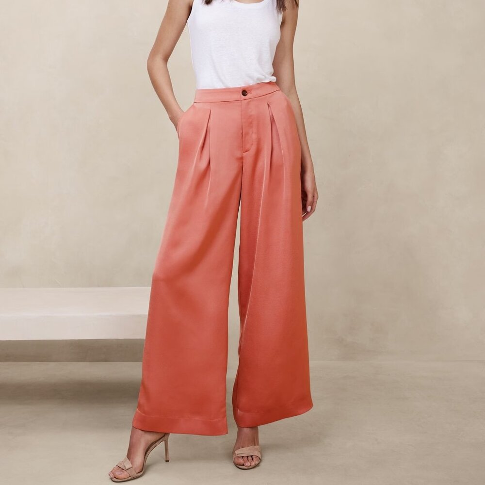 NEW WT: PEACH SATIN PLEATED WIDE-LEG PANT